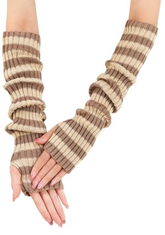 Mjuka randiga handledsvärmare utökad manschett unisex handskar för att skriva in på körning dagligt slitage foto rekvisita varma handledshandskar pendlare, khaki och beige, En Storlek