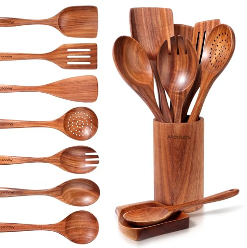 Ustensiles de Cuisine en Bois de Teck 9 Pièces, Ensemble Premium avec Cuillères, Spatule et Support, Naturels, Résistants à la Chaleur et Anti-Rayures, Facile à Nettoyer pour Cuisine Quotidienne