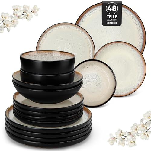 Steingut Geschirr Set 12 Personen Beige, vancasso AMBER Teller Set 12 Personen, Tafelservice 48tlg mit Speiseteller, Dessertteller, Suppenteller, Schüssel, Reaktive Glasur, Hellgelb, Spülmaschinenfest