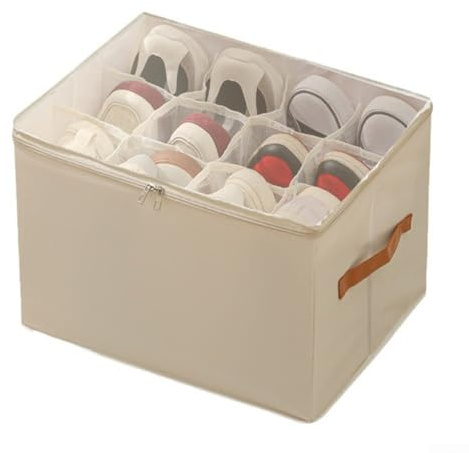 Contenitore per scarpe in tessuto con 16 divisori regolabili per organizzare le scarpe su misura e riporre in casa compatta (beige)