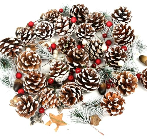 128PCS Christmas Wreath Making Supplies, Artificial Pine Cone, Pine Needles Branches Bark Stars Holly Berries Fake Acorns Wreath Accessories Floral for Xmas Tree Wreath Craft Party Decor