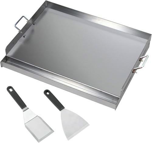 CAVATINY Edelstahl Grillplatte | 47x32x7 cm | Universal BBQ Plancha passend für Weber Gasgrill und Holzkohlegrill | Grillplatte mit Grill-Spachtel Schaber set