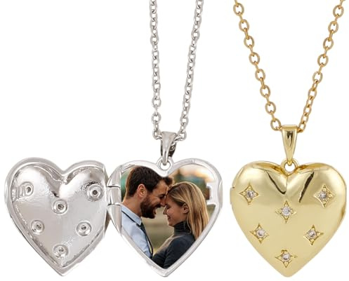PLIGREAT Collier Médaillon Photo en Forme de Cœur 2 couleur pour Femme Pendentif 18K avec Strass et Médaillon en Forme de Cœur Ouvert Chaîne en Acier Inoxydable de 50cm Cadeau Commémoratif