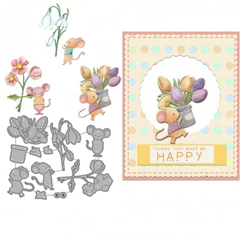 Sredwtk Mäuse und Blumen Stanzschablonen Geburtstag Weihnachten Metall Prägeschablonen Stanzformen Schneiden für DIY Karte Sammelalbum Scrapbooking Fotoalbum Deko