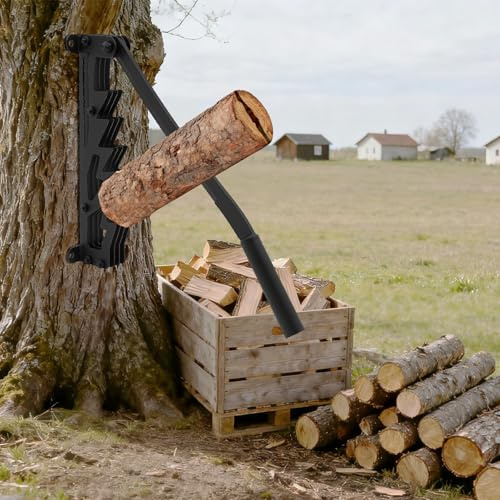 Divisor manual de madera de hierro fundido, soporte de pared portátil, para interior y exterior, incluye 2 asas extraíbles, soporte para leña, guantes y bolsa de leña