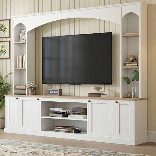 Merax Elegant Arched Entertainment Center Wall Unit with Bookshelf, Minimalism TV Stand for Televisions up to 70, Mid-Century Media Console with Adjustable Shelves for Living Room, White