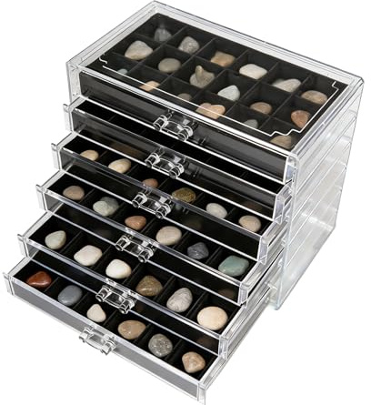 Rebanky Edelstein Vitrine Rock Sammelbox 6 Schubladen 108 Fächer Acryl Aufbewahrungsbox für Mineralien Kristalle Fossilien, Stein Sammelbox Vitrine klein für Steine