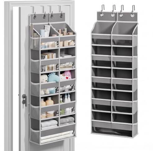 Abiglifty Over The Door Storage Organiser with 10 Side Pockets, 5-Tier Large Behind The Door Storage, 4 Hooks Design, Door Organizer with Clear Windows for Bathroom, Bedroom, Entryway(Grey)