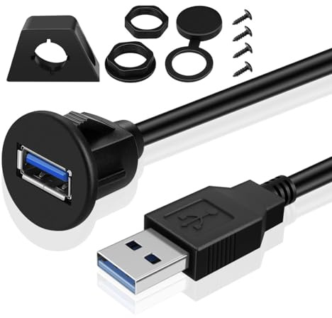 TNP USB 3.0 Flush monteringskabel med spänne, instrumentpanel instrumentpanel instrumentpanel montering 1 port USB-uttag kontakt förlängningssladd vattentålig hane till hona (1,8 m/6 fot)