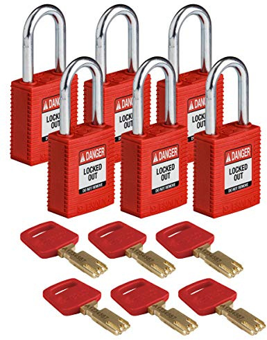Brady (NYL-RED-38ST-KD6PK) SafeKey Nylon Lockout-Vorhängeschloss Mit Stahl Bügel 38.00 mm Rot KD - Verschiedenschließende Schlösser 6 Stück