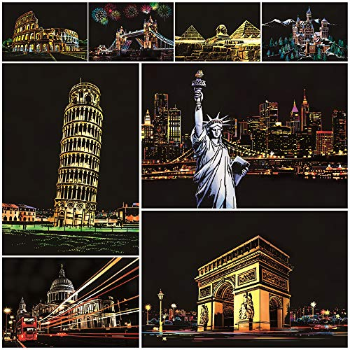 SiYear Scratch Paper Rainbow Painting Sketch, City Series Night Scene,Scratch Painting Creative Gift,Scratchboard for Adult with 4 Tools