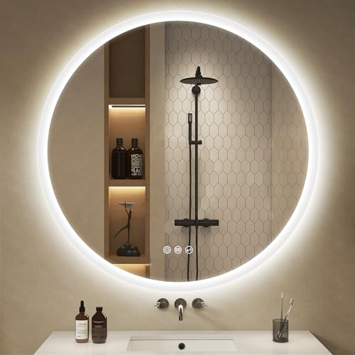 S'bagno 800mm Round Bluetooth Bathroom Mirror with LED Lights | Bathroom LED Mirror, Defogging, Warm/Neutral/Cool, Dimmable, Memory, Tempered Glass, IP44 Waterproof, CRI>90