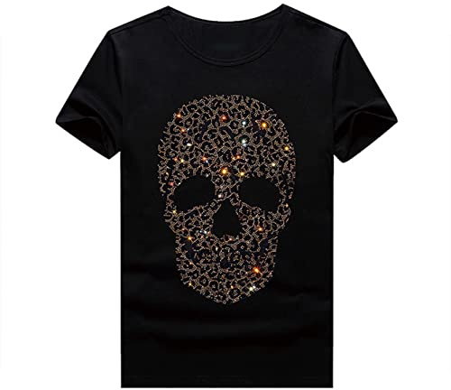 HZCX Fashion Herren-T-Shirt mit Strass-Totenkopf-Grafik, Rundkragen, kurzärmelig, 934 Schwarz, XL