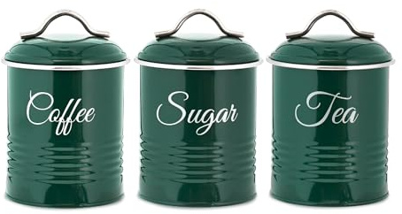Innoteck Tea Coffee Sugar Canister Set - Set of 3 Kitchen Canister Sets with 1.3L Capacity, Food-Grade Metal Kitchen Food Storage with Airtight Lids, Tea Coffee & Sugar Tins for Organising, Green