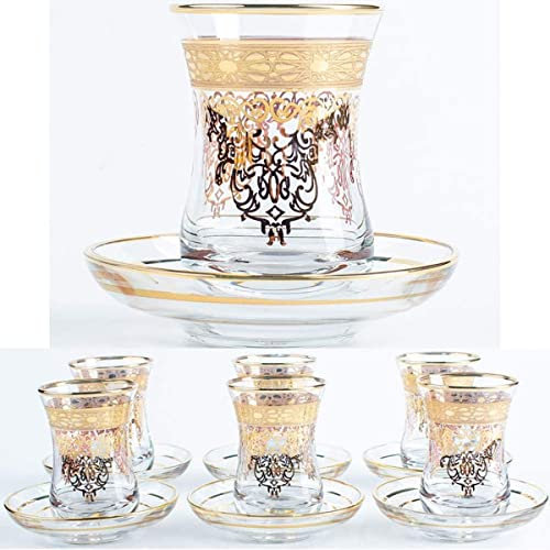 Turkish Tea Glasses Cups Set of 6 and Saucers with Vintage Gold Moroccan Crystal Cut Decors for Serving and Drinking -Six-Piece Set,Multi