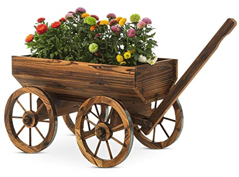 Notume Garden Wooden Decor Rustic Flower Pot,Planters Wagon Indoor Outdoor Backyard Balcony Decor,for Outside Garden Decor Wheelbarrow Planter for Patio (Wooden Wagon)