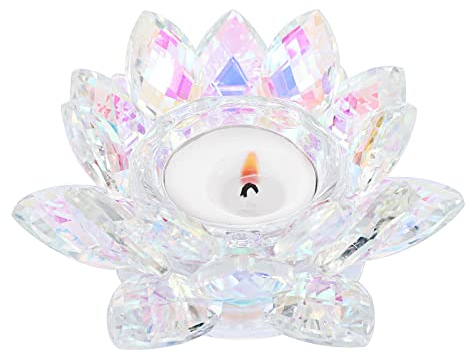 SUMTree Crystal Lotus Candle Holder for 4.5 Pillar Candle, Decorative Tealight Lotus Votive Candle Holder, Petals Style Flower Tealight Holder for Home Wedding Anniversary Decor, AB Colorful