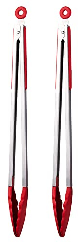 UPTALY 2 x extra lange Grillzange mit Silikonköpfen (45 cm, rot), Edelstahl-Grillzange mit verlängertem Griff, große Lebensmittelzange, Servierzange zum Kochen, Grillen, Grillen, Buffet