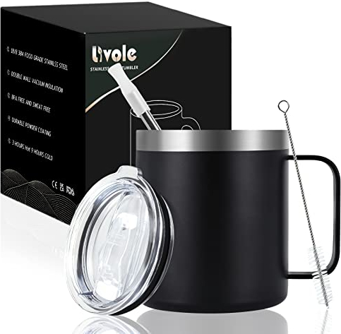 Livole Edelstahl Camping Becher, 12oz Trinkbecher mit Deckel und Strohhalm, Doppelwandig Thermotasse 350ml, Vakuum Thermobecher mit Henkel, Coffee to go Becher, Isolierter Outdoor Tasse, Schwarz