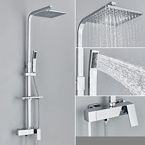 ADJAN Schwarze Dusche Wasserhahn Set Regenfall Badewanne Tap mit Bad Regal 3 Funktionen Höhe einstellen Dusche, 3 Möglichkeiten Chrome A