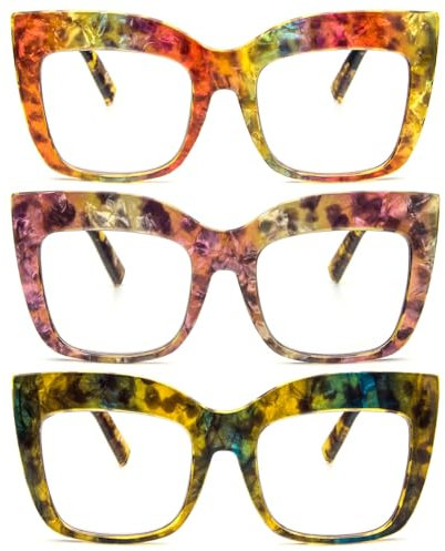 KoKoBin 3 Pack Retro Oversized Occhiali da lettura Occhiali da donna con occhio di gatto anti luce blu con Computer per Lettori (3 Pack, 1.5)