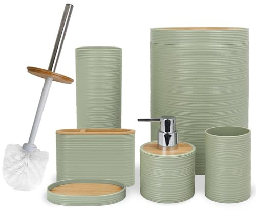 CERBIOR Bathroom Accessories Set 6 Piece Bamboo Bath Ensemble Includes Soap Dispenser, Toothbrush Holder, Toothbrush Cup, Soap Dish for Decorative Countertop and Housewarming Gift, Sriral Green