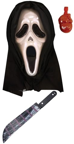 labreeze Bleeding Spooky Plastic Scream Mask with Blood Fake Blooded Machete Weapon Prop Halloween Horror Fancy Dress Set