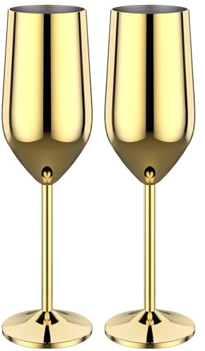 Gatphy 2PCS Stainless Steel Champagne Flutes 6oz/200ml Prosecco Copper Wine Glasses Unbreakable Glass Gift Set for Party Office Wedding Anniversary (Gold)