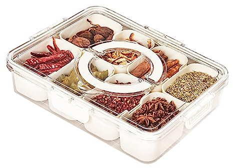 Divided Serving Tray with Lid and Handle, Portable Food Storage Container 8 Removable Compartment Box Divided Spice Container Snack Box Snack Tray for Spices Veggie Candy Fruit Nut Party Picnic Travel