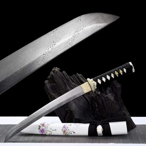 KWXPW 55cm handgefertigt Wakizashi,Musterstahl Klinge,Holzscheide mit gemalte Muster,Japanischer Samurai-Schwert,Kurzer Katana für Geschenke,Displays,Sammlungen,Cosplay,Requisiten
