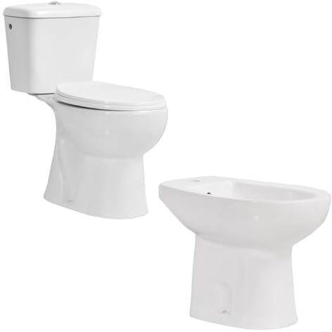 Inodoro Completo con Bidet Para WC Incluido - Pack WC Inodoro Completo con Sistema Antibacterias - Bidet Para Inodoro - Vater Baño con Tapa Dura Extrafina Amortiguada - Inodoro Salida Vertical
