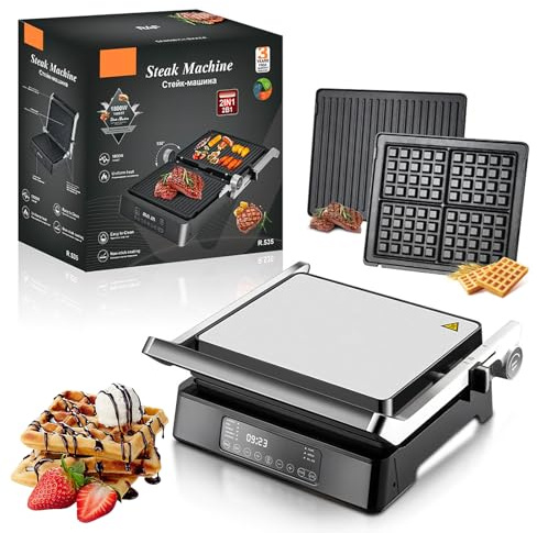 2-in-1 Steak & Waffle Machine 1800w, Sandwich Toasters & Panini Presses With 5 Auto Modes, Non-stick Coating,180° Flip, Led Touch Panel, 230℃ Tempe Control, Grill For Kitchen Appliances