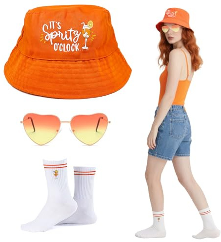 FUIPVGI 3-teiliges Set mit Fischerhut, herzförmigen Brillen, Socken, Vintage-Stil, orangefarbener Partyhut für Karneval, Orange, 5-6