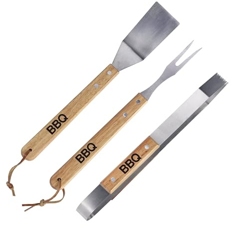 Edco Eindhoven B.V. Alpina Accessoire Brasero 3 Pièces - Ustensiles BBQ avec Pince, Spatule et Fourchette à Viande - INOX et Bois