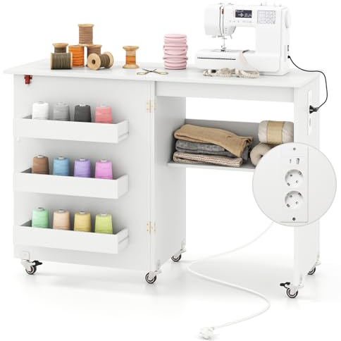 COSTWAY Table de Couture Pliante à roulettes avec Multiprise, Armoire pour Machine à Coudre avec Étagère de Rangement, 3 Bacs Cachés, Meuble Couture pour Salon, Bureau, Studio (Blanc)