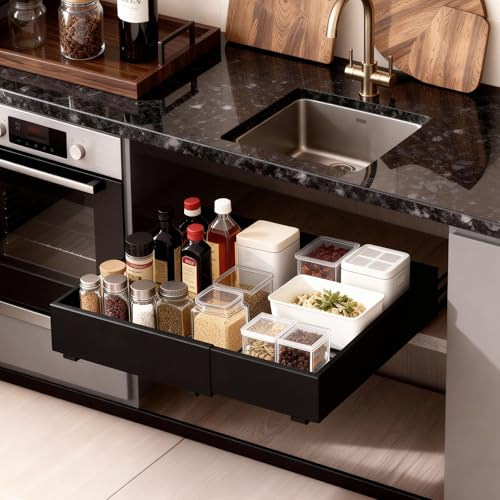 Furnestorica Ausziehbare Schublade Küche, Expansible Teleskopschublade Organizer, mit Track System Küchenschrank Ausziehbar für Küche Pantry Organisation, Einstellbare Breite 32-53cm (Schwarz)
