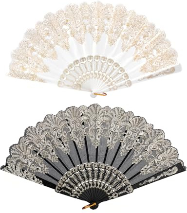 Homiladi Hand Fan Folding 2 PCS Lace Floral Bride Fan with Rose Design | Rave Fan | Elegant Foldable Handheld Fan for Wedding, Party, Church & Dance Decoration (Black, white)