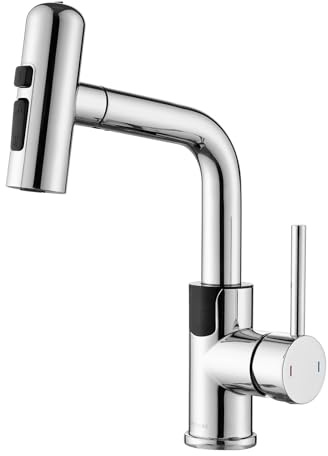 Waschtischarmatur,Wasserhahn Bad LED-Temperaturanzeige,Ausziehbare Brause | Armatur Badezimmer LED Ausziehbar Mynaiad mit 4 Strahlarten,360° Schwenkbar,Chrom,für Badezimmer Waschbecken