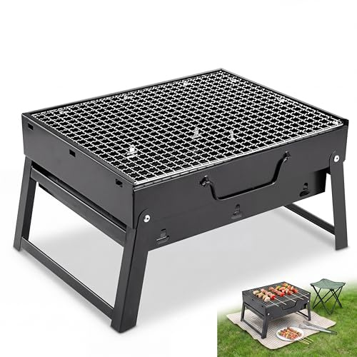 arbecue au charbon de bois - 35 x 27 x 20 cm - Portable - Pliable - Contrôle efficace du flux d'air - Avec 5 aérations par côté - Construction en acier inoxydable - Pour camping, pique-nique et hayon