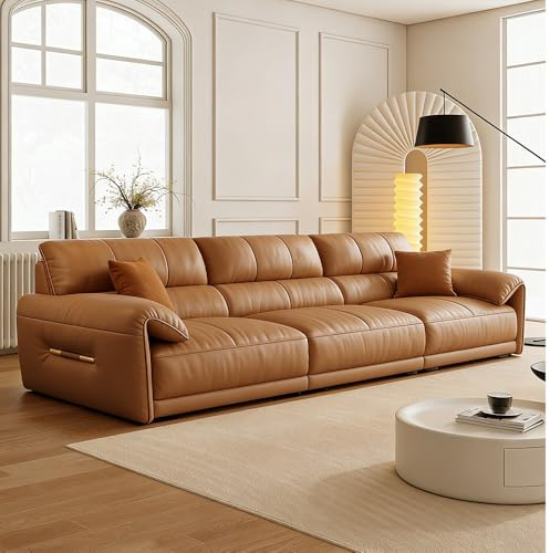 Italiensk lyxig enkel orange lädersoffa, massiv träram, rymlig och mjuk soffa, modern stor storlek, lämplig för vardagsrum/kontor/lägenhet.