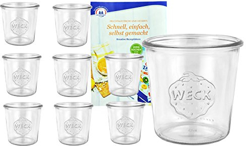 MamboCat Lot de 9 Pots en Verre 580 ML I Original Weck Pot à Dessert I Pots à provisions pour gâteaux, gelées, UVM I Pots sans Couvercle avec livret de Recettes Diamant Gelierzauber
