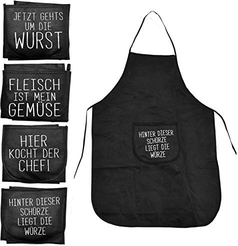 HAC24 4er Set Lustige Kochschürze mit Spruch Latzschürze Grillschürze Schwarz Küchenschürze Backschürze Schürze Polyester