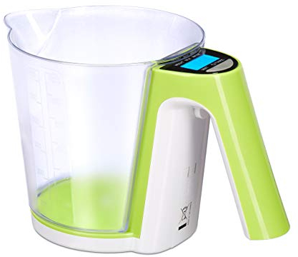 Relaxdays Meßbecher mit Waage, abnehmbarer Messbecher, wiegen, messen, versch. Maßeinheiten, Tara, b, 1.2l, Klar,grün