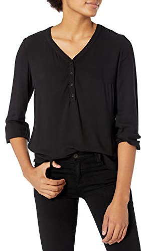 Amazon Essentials Women's Popover-skjorta med knapp och trekvartsärmar, Svart, M