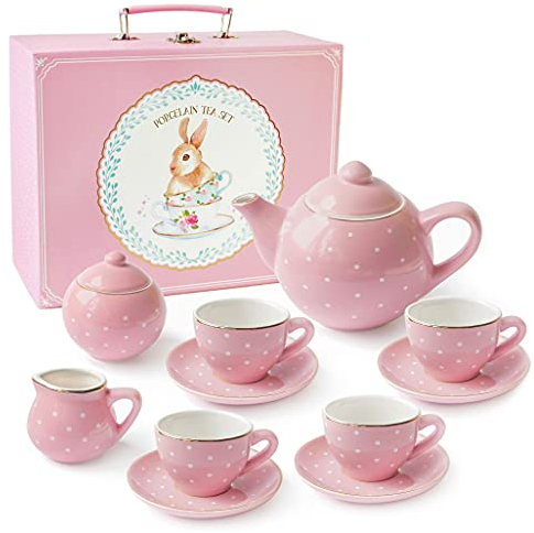 Jewelkeeper Teeparty-Set für Kleinkinder - 13-Teiliges Porzellan-Teeservice für Mädchen - Inklusive Teekanne, Tassen, Untertassen, Zuckerdose und Milchkännchen mit Tragetasche (Rosa Gepunktet)