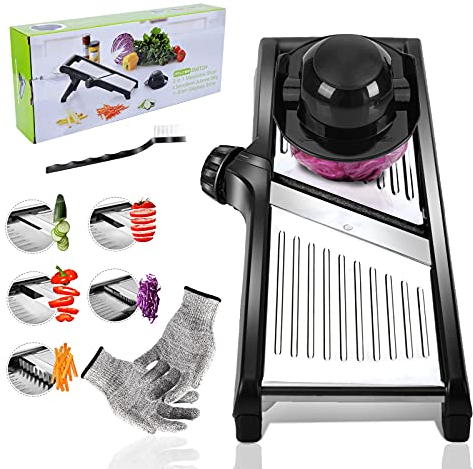 Masthome 5-in-1 Verstellbar Edelstahl Mandoline Gemüsehobel Gemüsereibe,Gurkenhobel Dünne Scheiben,Hobel Gemüse,Reibe für Gemüse,Küchenhobel Küchenreibe mit Schnittschutz Handschuhen & Bürste