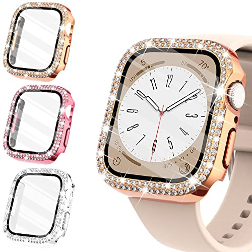 WINGLE Compatible with Apple Watch Screen Protector 40mm SE 3 2 1/ Series 6 5 4, Women Shiny Diamond Cover with Tempered Glass Screen Protector for Apple Watch Case 40mm,Rose Gold/Pink/Clear