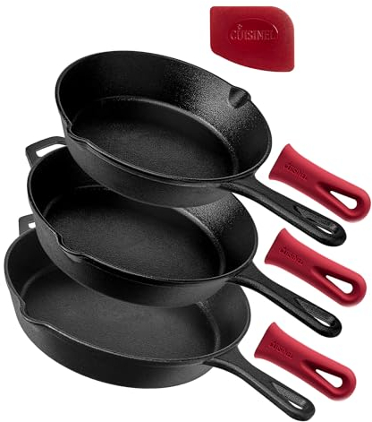 Cuisinel Cast Iron Skillet Set - 8 + 10 + 12-Inch Pre-Seasoned Frying Pans + Silicone Handle Grip Covers - Use Indoor/Outdoor, Oven, Grill, Stove, BBQ, Fire, Induction - Kitchen/Camping Cookware