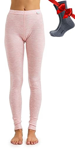 Merinowolle Thermounterwäsche Damen - Merino Unterhose Damen Merino Leggings + Wollsocken (X-Small, 165 Pink Heather)