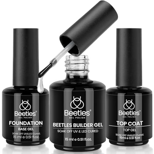 Beetles 3 unidades de 15 ml de gel de capa superior, base coat, base coat, constructor de uñas de gel, acabado brillante y de larga duración, Soak Off LED Gel Base Top Coat Glossy Shine Finish